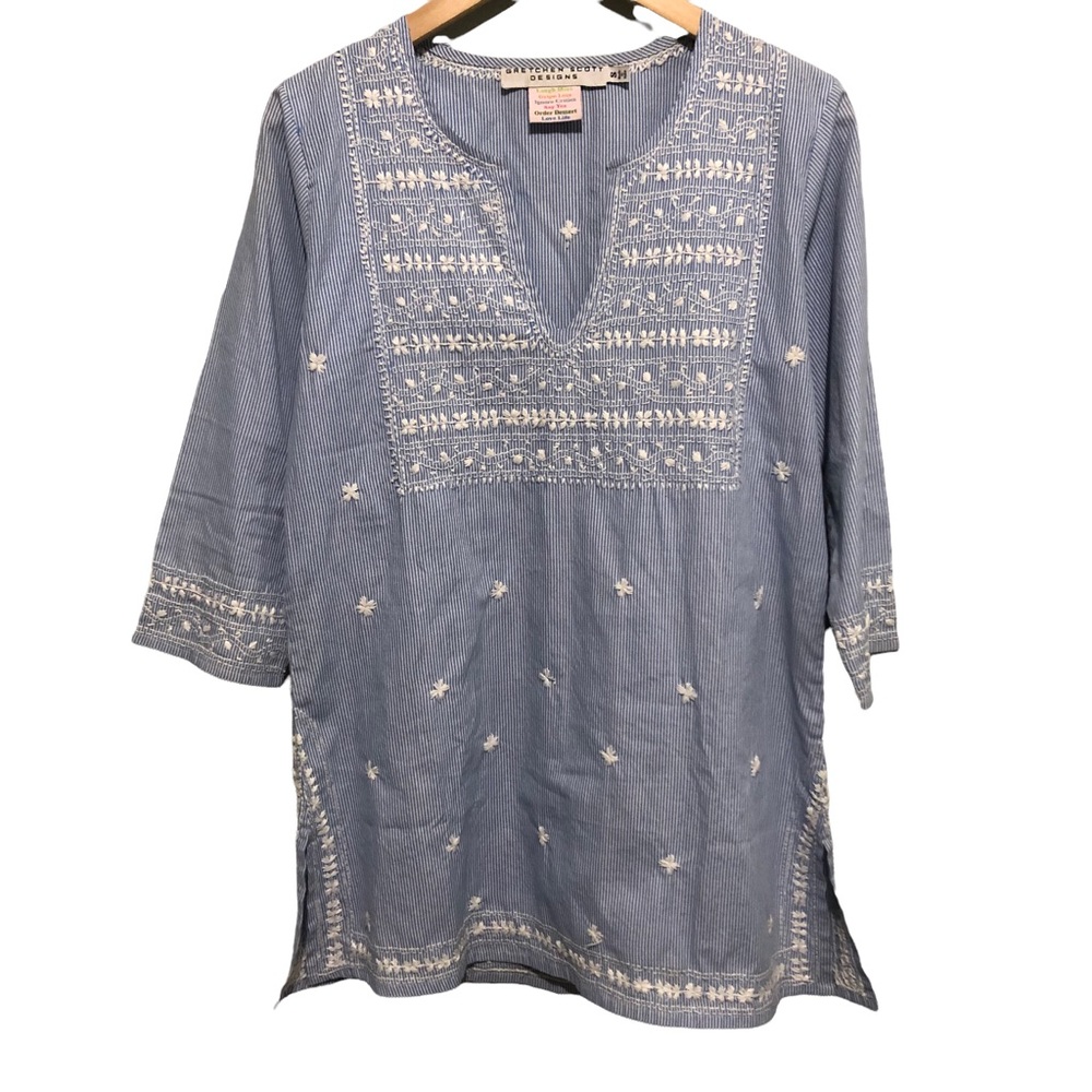 Gretchen Scott Designs Blue and White Embroidered Tunic Top